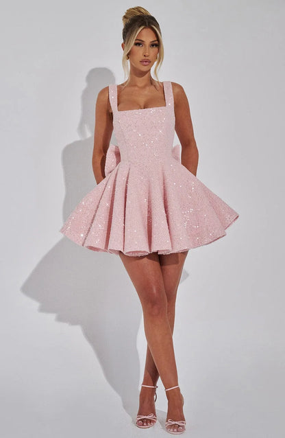 Women’s Sequin Fit and Flare Mini Cocktail Dress with Bow