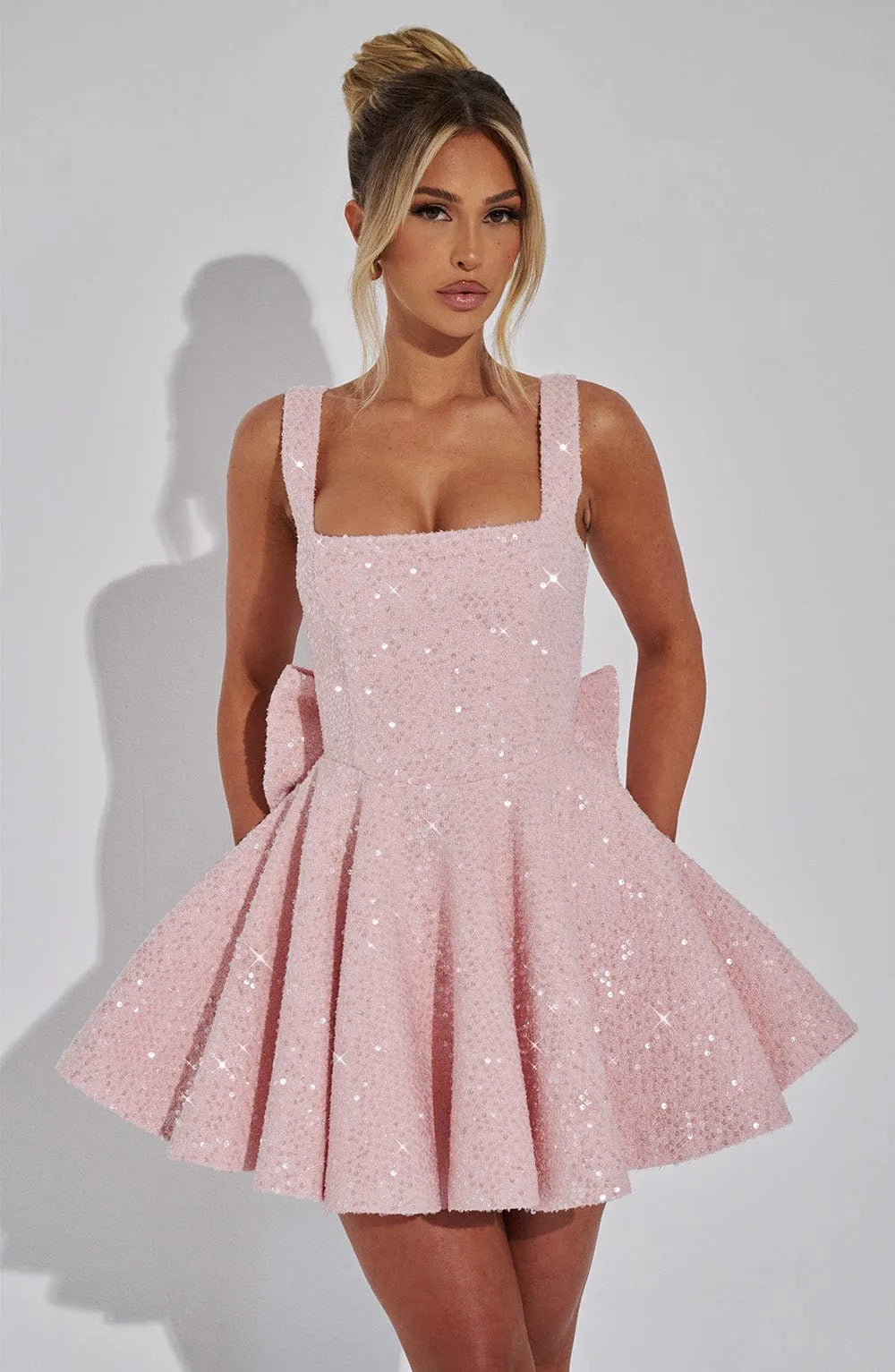 Women’s Sequin Fit and Flare Mini Cocktail Dress with Bow