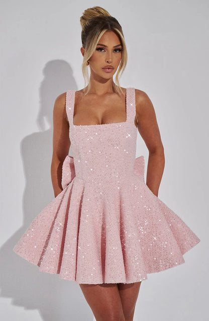 Women’s Sequin Fit and Flare Mini Cocktail Dress with Bow