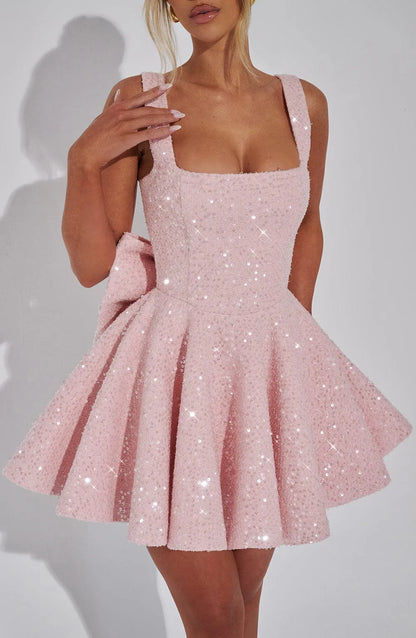 Women’s Sequin Fit and Flare Mini Cocktail Dress with Bow