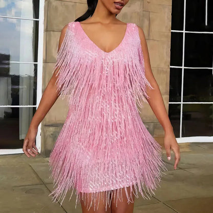 Women's Sequin Fringe Mini Cocktail Dress with V-Neck