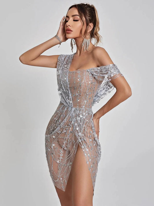 Women's Sequin Glitter Mini Cocktail Dress with One Shoulder
