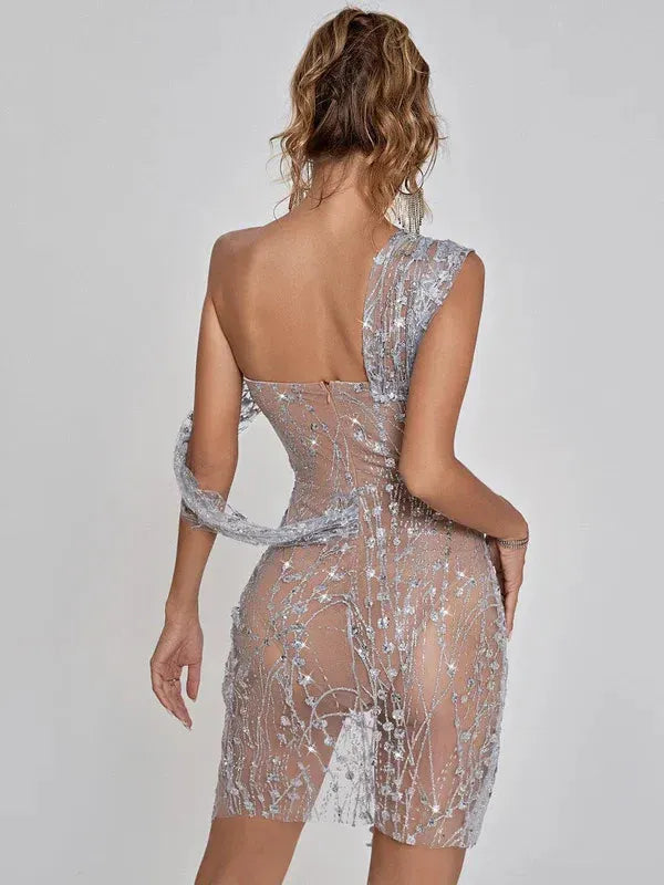 Women's Sequin Glitter Mini Cocktail Dress with One Shoulder