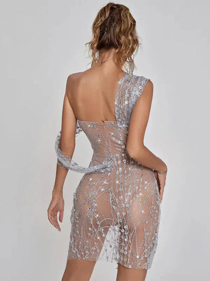 Women's Sequin Glitter Mini Cocktail Dress with One Shoulder