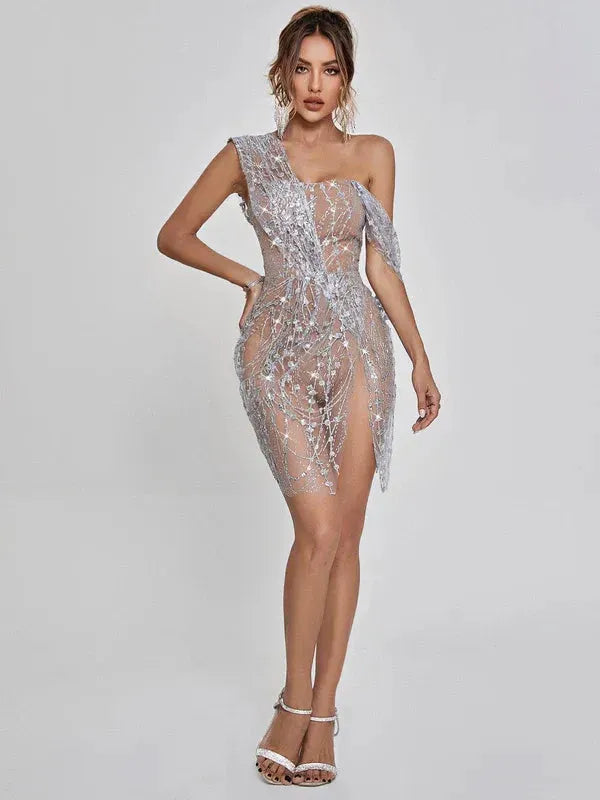 Women's Sequin Glitter Mini Cocktail Dress with One Shoulder