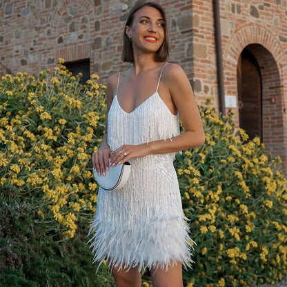 Women’s Sequin Sleeveless Mini Cocktail Dress with Feather