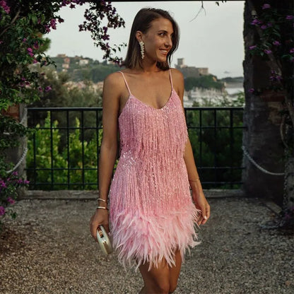 Women’s Sequin Sleeveless Mini Cocktail Dress with Feather