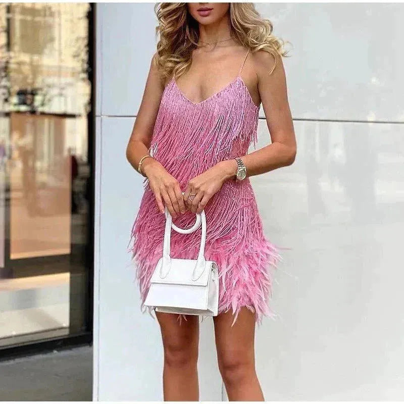Women’s Sequin Sleeveless Mini Cocktail Dress with Feather