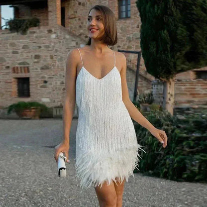 Women’s Sequin Sleeveless Mini Cocktail Dress with Feather