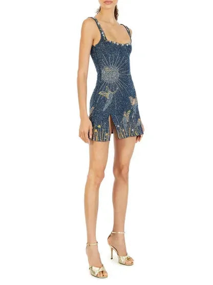 Women's Sequin Square Neck Mini Cocktail Dress with Embellished Detail