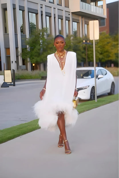 Women’s Sleeveless Elegant Midi Cocktail Dress with Feather Trim