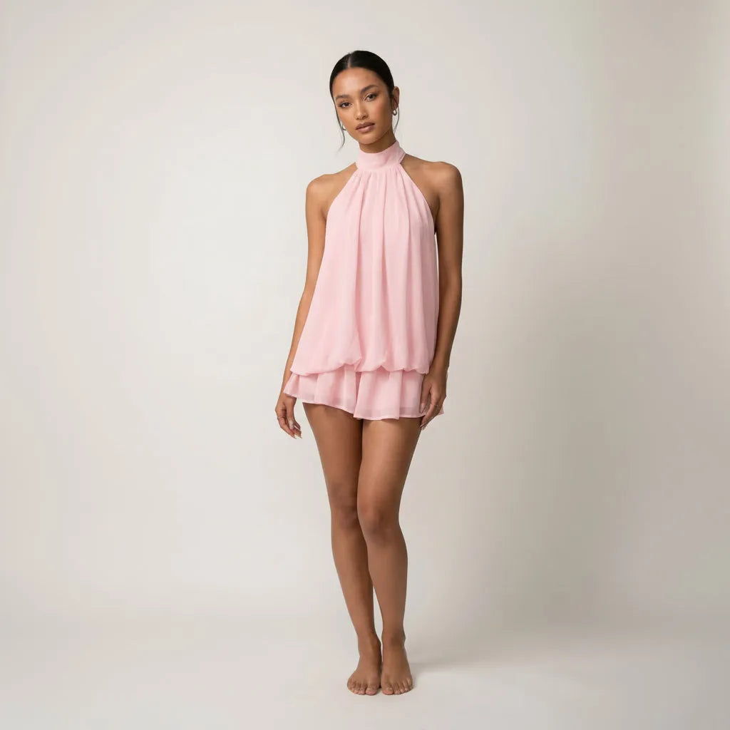 Women’s Sleeveless Elegant Mini Cocktail Dress with Halter Neck
