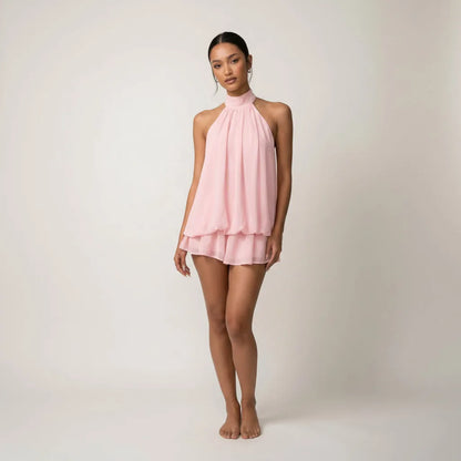 Women’s Sleeveless Elegant Mini Cocktail Dress with Halter Neck