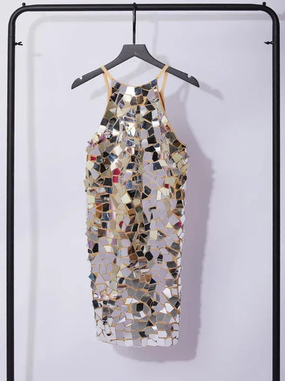 Women’s Sparkly Embellished Mini Cocktail Dress with Halter Neck
