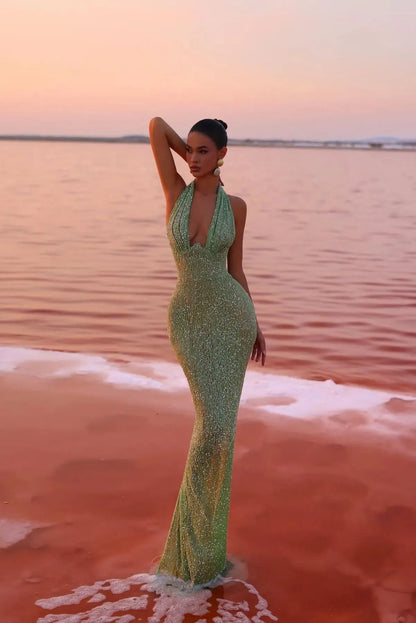 Women's Sparkly Glitter Maxi Cocktail Dress with Halter Neck