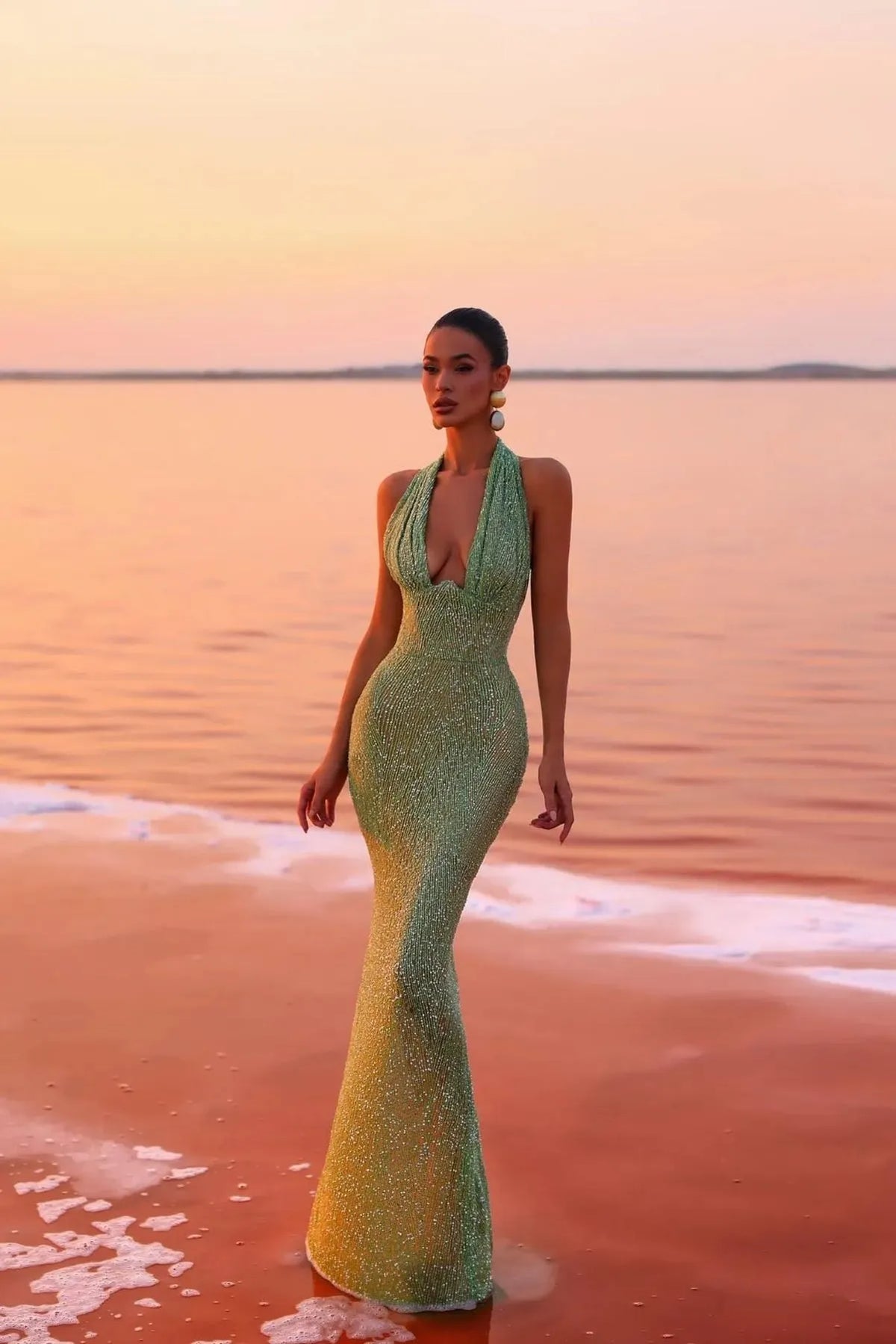 Women's Sparkly Glitter Maxi Cocktail Dress with Halter Neck