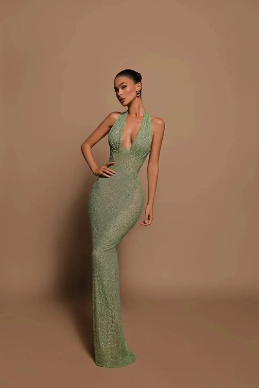 Women's Sparkly Glitter Maxi Cocktail Dress with Halter Neck