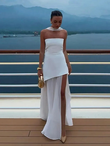 Women's Strapless Asymmetrical Maxi Wedding Guest Dress with Slit