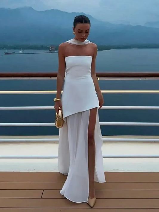 Women's Strapless Asymmetrical Maxi Wedding Guest Dress with Slit