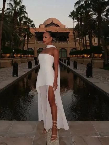 Women's Strapless Asymmetrical Maxi Wedding Guest Dress with Slit