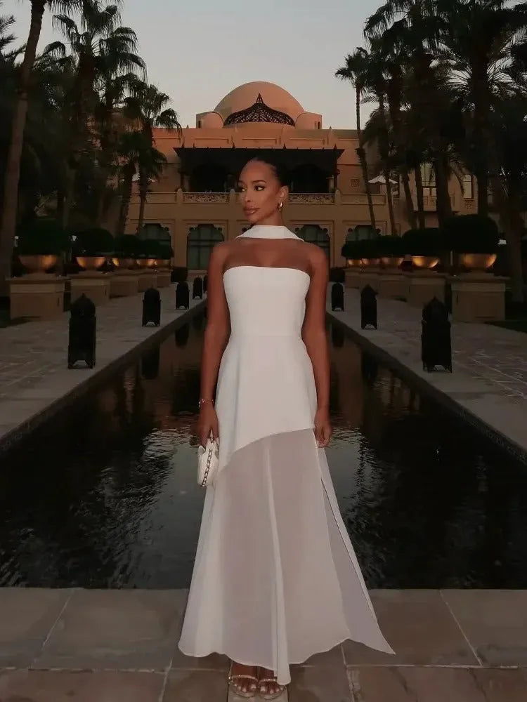 Women's Strapless Asymmetrical Maxi Wedding Guest Dress with Slit