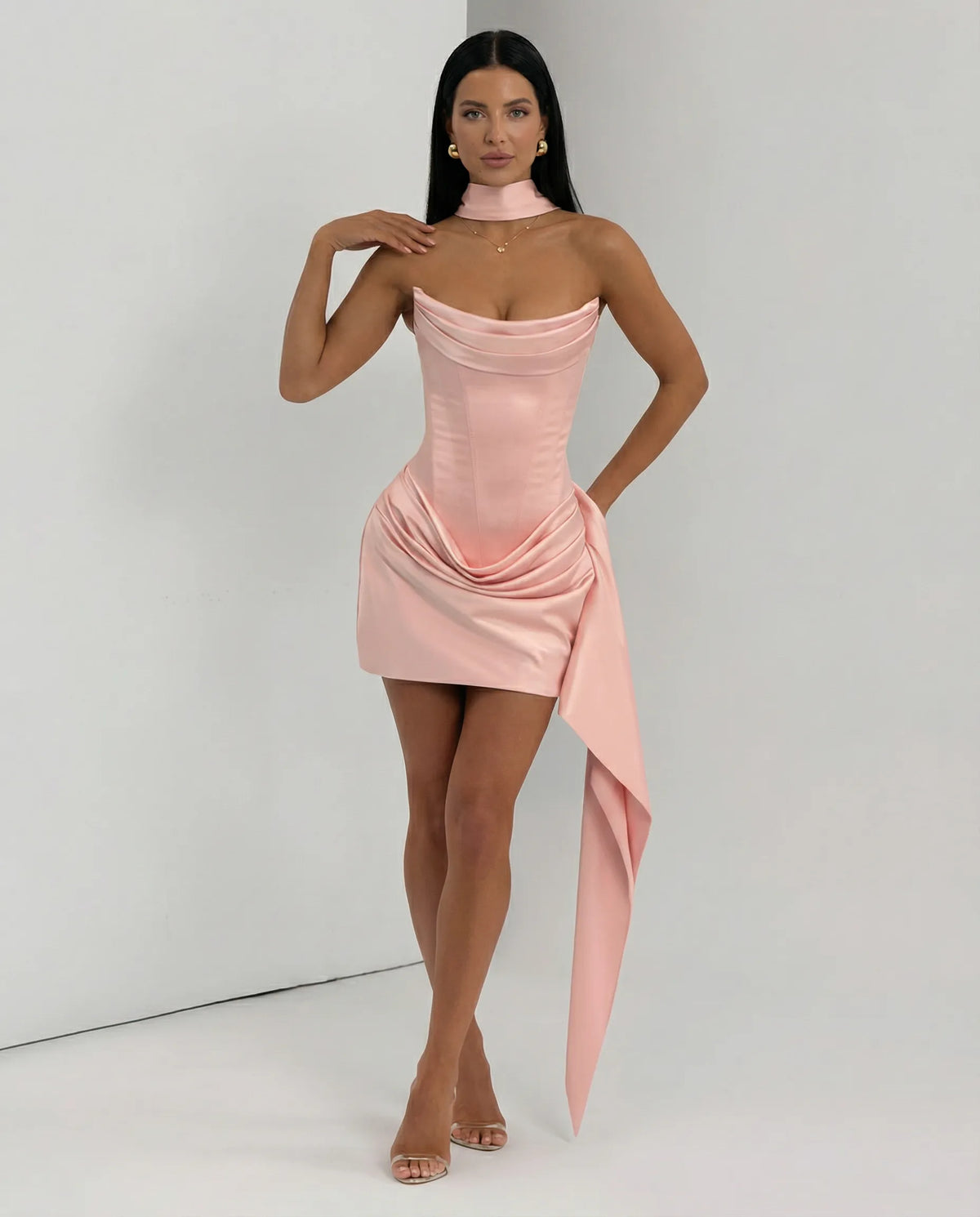 Women's Strapless Corset Mini Cocktail Dress with Draped Skirt