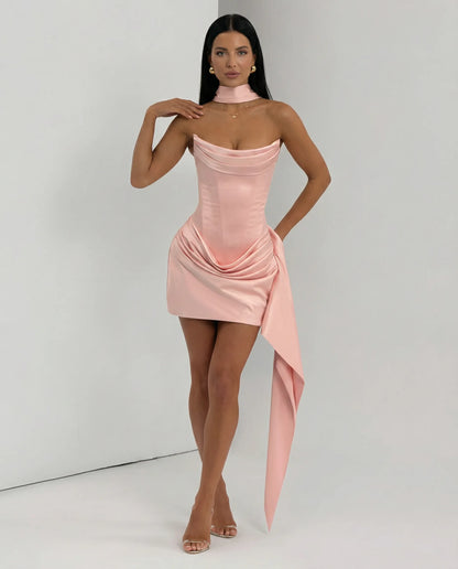 Women's Strapless Corset Mini Cocktail Dress with Draped Skirt