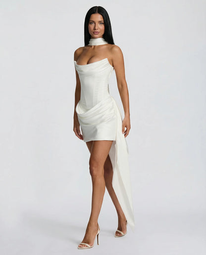 Women's Strapless Corset Mini Cocktail Dress with Draped Skirt
