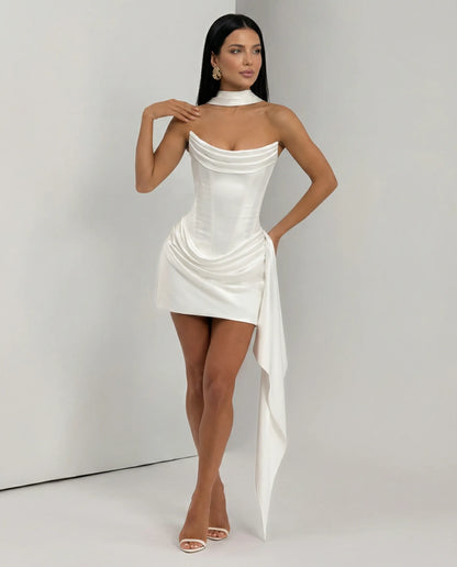 Women's Strapless Corset Mini Cocktail Dress with Draped Skirt