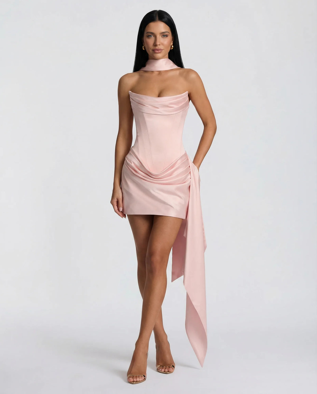 Women's Strapless Corset Mini Cocktail Dress with Draped Skirt