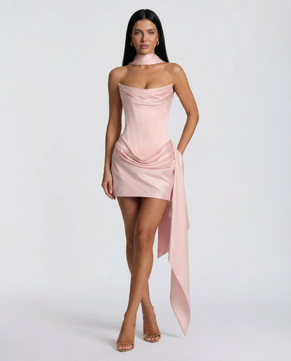 Women's Strapless Corset Mini Cocktail Dress with Draped Skirt