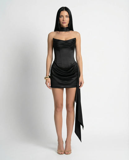 Women's Strapless Corset Mini Cocktail Dress with Draped Skirt