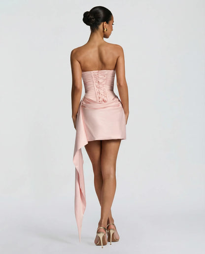 Women's Strapless Corset Mini Cocktail Dress with Draped Skirt