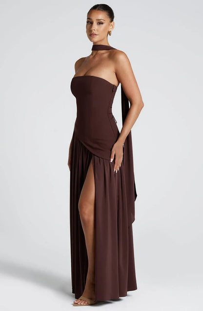 Women's Strapless Elegant Maxi Wedding Guest Dress with Slit