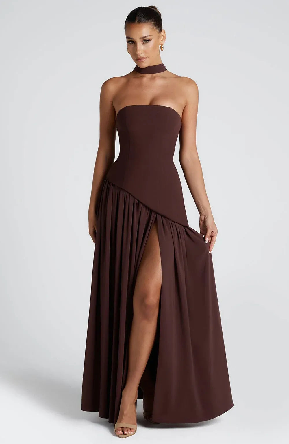 Women's Strapless Elegant Maxi Wedding Guest Dress with Slit