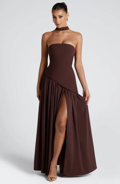 Women's Strapless Elegant Maxi Wedding Guest Dress with Slit