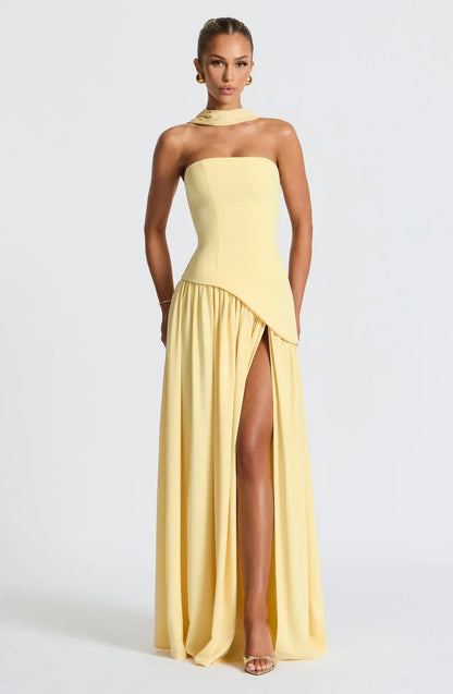 Women's Strapless Elegant Maxi Wedding Guest Dress with Slit