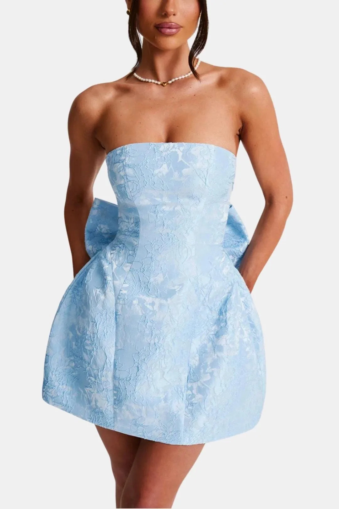 Women’s Strapless Elegant Mini Cocktail Dress with Bow Accent