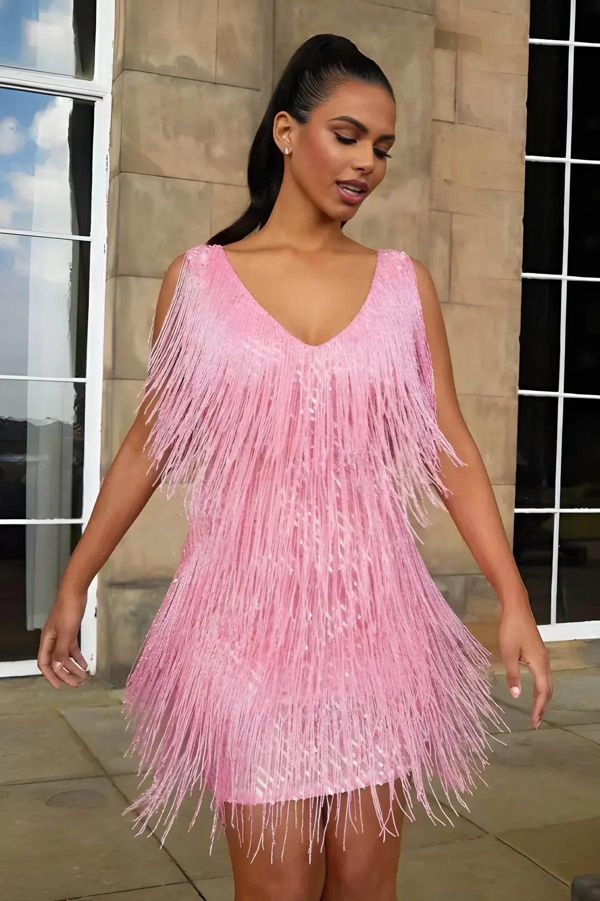 Women's V-Neck Sequin Mini Cocktail Dress with Fringe