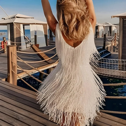 Women's V-Neck Sequin Mini Cocktail Dress with Fringe
