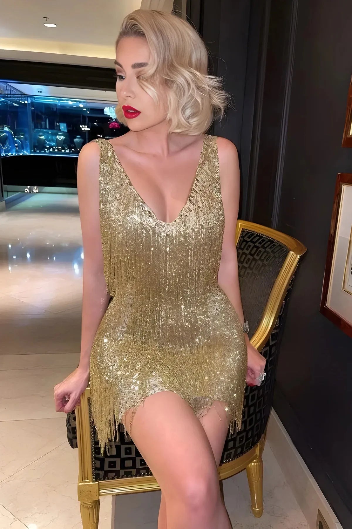 Women's V-Neck Sequin Mini Cocktail Dress with Fringe