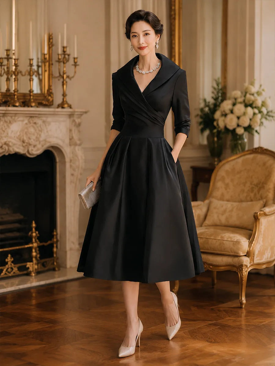 Women's Vintage Asymmetrical Midi Wedding Guest Dress with Collared