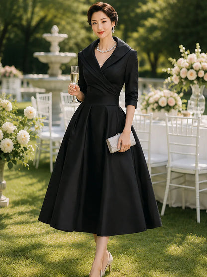 Women's Vintage Asymmetrical Midi Wedding Guest Dress with Collared