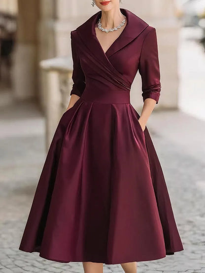 Women's Vintage Asymmetrical Midi Wedding Guest Dress with Collared