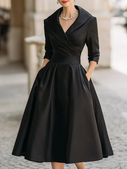 Women's Vintage Asymmetrical Midi Wedding Guest Dress with Collared