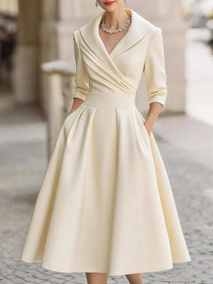 Women's Vintage Asymmetrical Midi Wedding Guest Dress with Collared