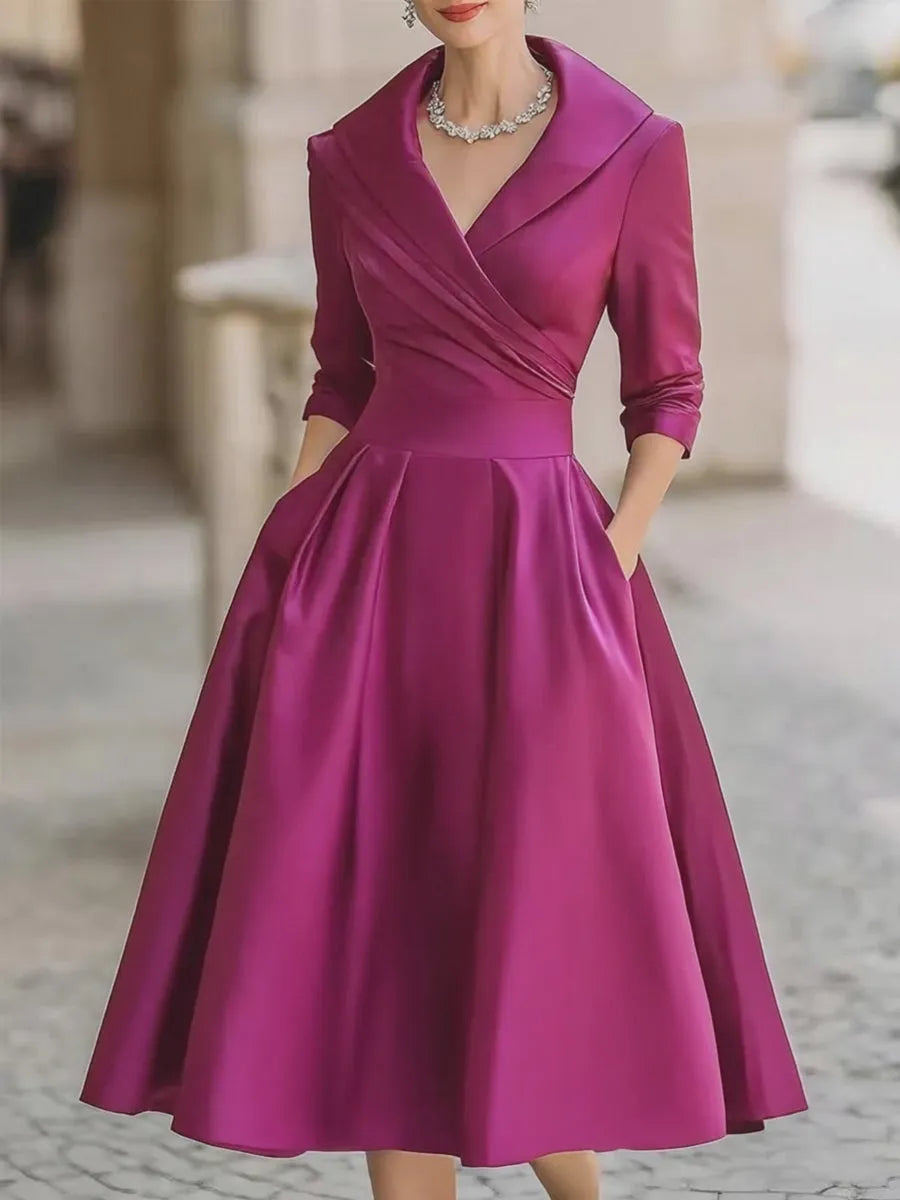 Women's Vintage Asymmetrical Midi Wedding Guest Dress with Collared