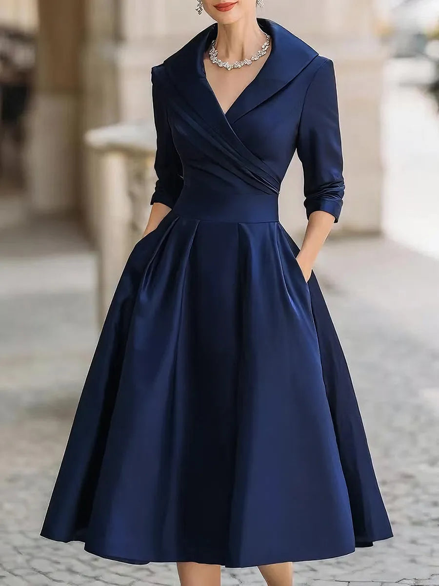 Women's Vintage Asymmetrical Midi Wedding Guest Dress with Collared