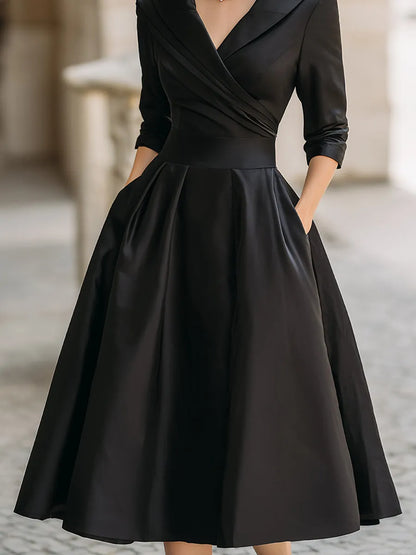 Women's Vintage Asymmetrical Midi Wedding Guest Dress with Collared