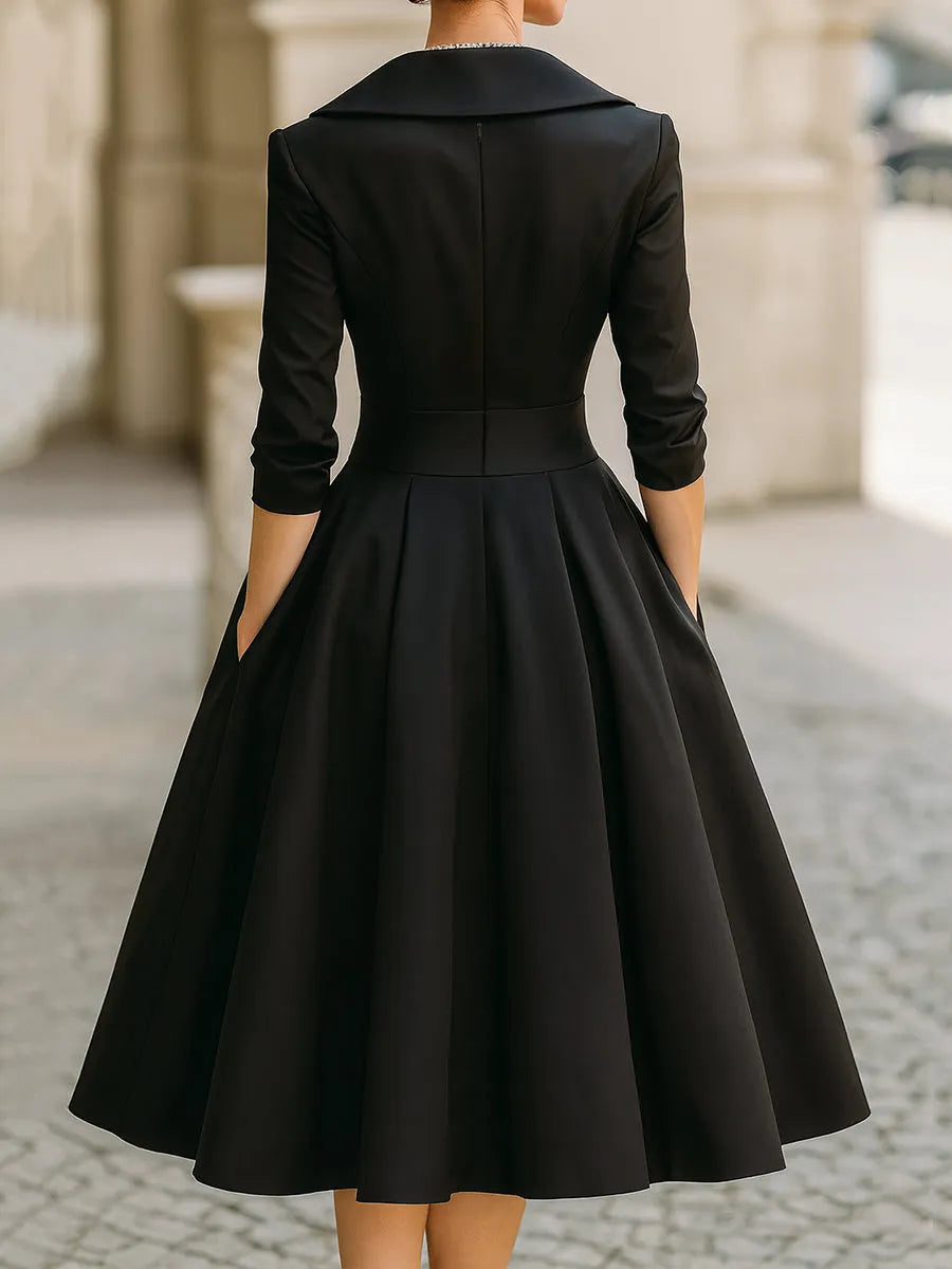 Women's Vintage Asymmetrical Midi Wedding Guest Dress with Collared